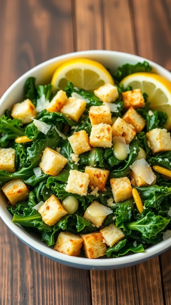 A fresh Kale Caesar Salad with kale, croutons, and parmesan cheese on a rustic wooden table.